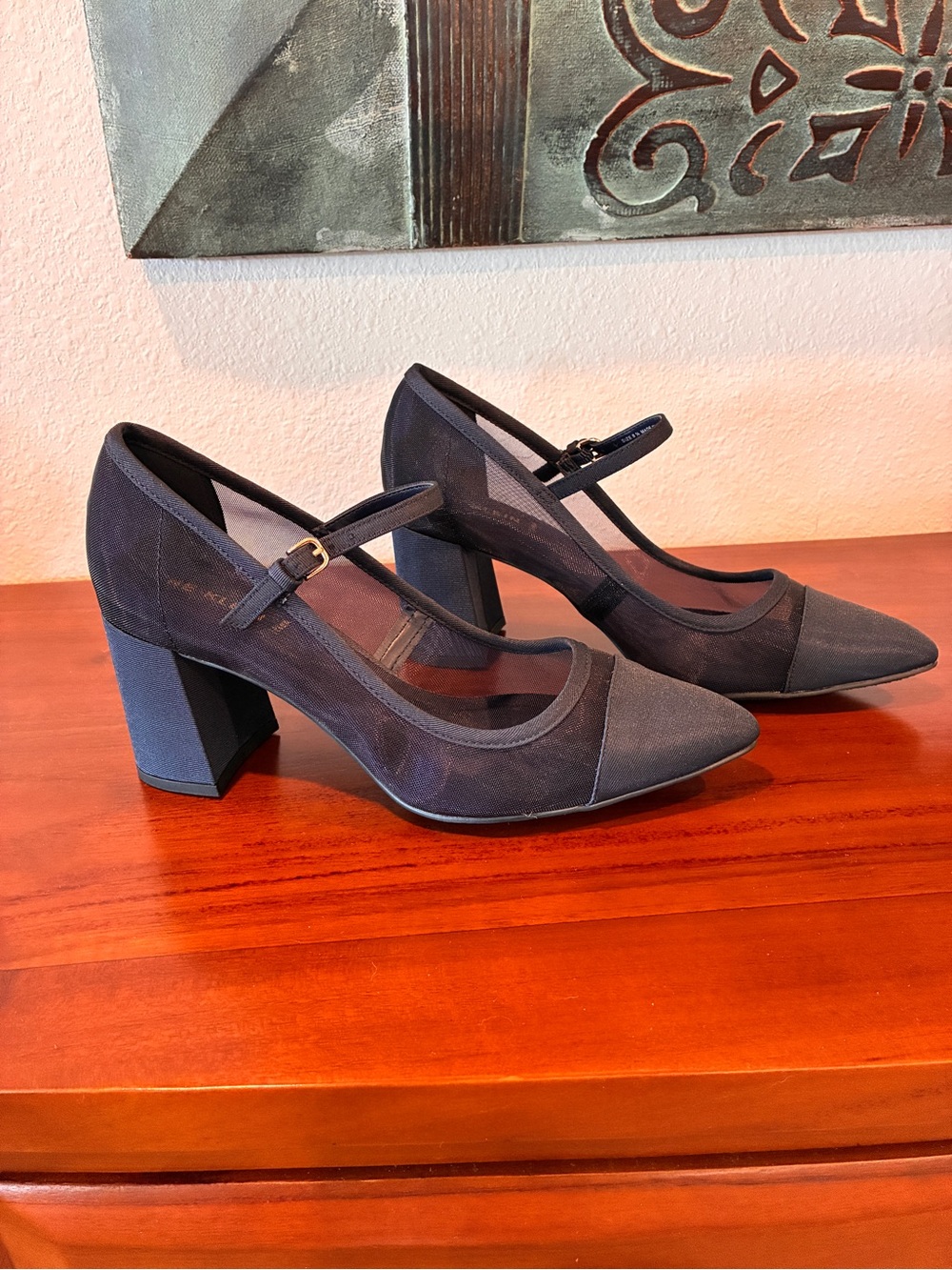 Anne Klein Mesh / Silk Navy Blue Mary Jane Block Heel Pumps - Picture 2 of 4